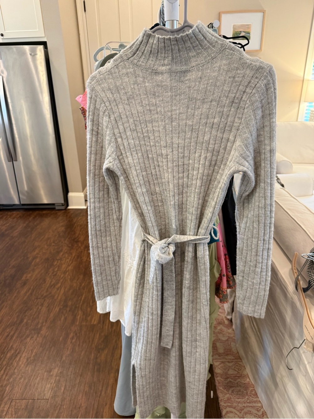 Women’s Ribbed Mock Neck Sweater Dress with Tie Belt - Light Gray